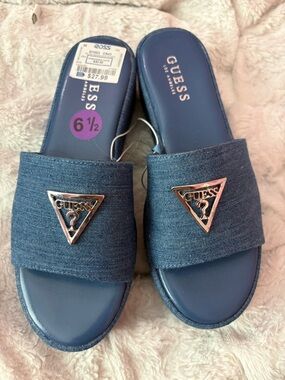 GUESS Blue Denim Slide Sandals with Silver Logo